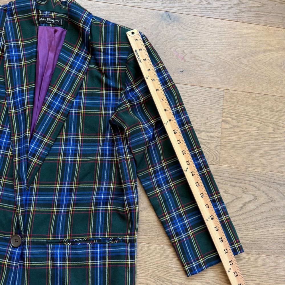 Salvatore Ferragamo Green Tartan Plaid Blazer Made in Italy Purple Lining Womens - Picture 7 of 10